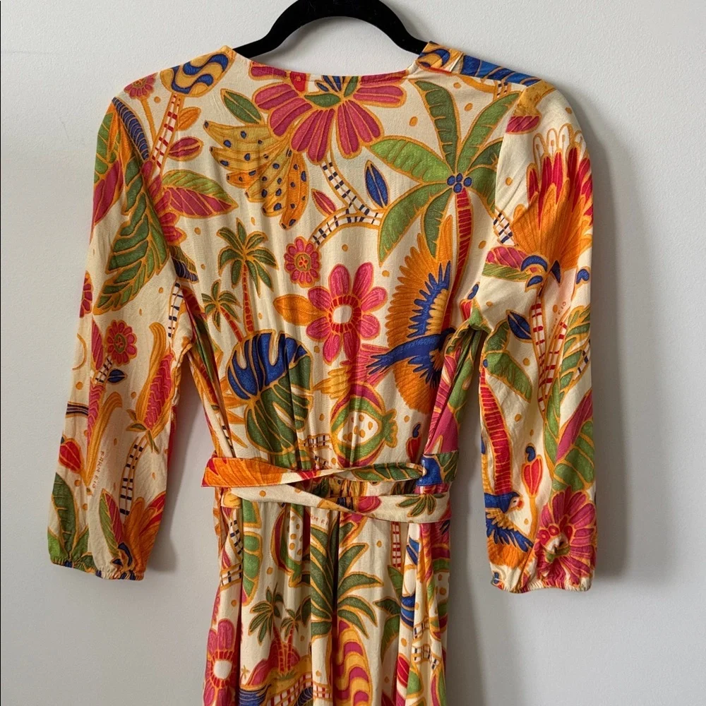 Farm Rio Long-Sleeve V-Neck Wrap Midi Dress Size S